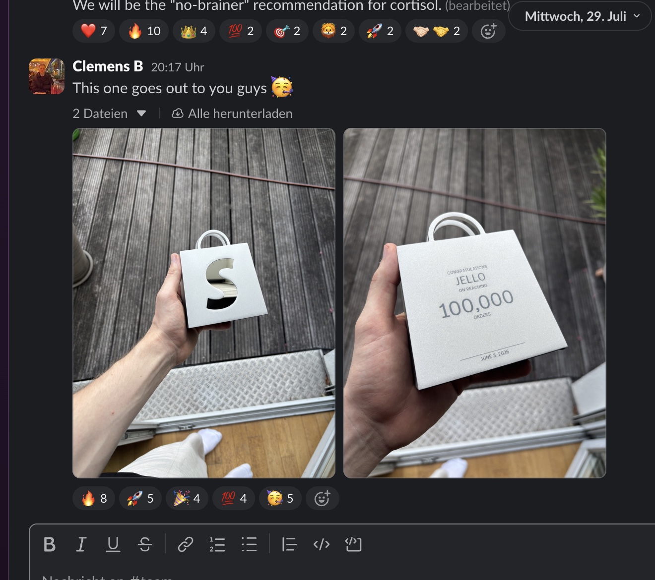 Team celebration after reaching 100,000 orders